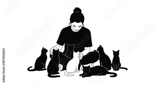 a woman sitting with multiple cats in a distinctive silhouette high quality professional detailed modern elegant