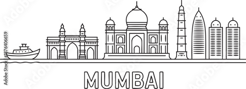 Mumbai skyline vector illustration featuring gateway of india and local monuments in thin line