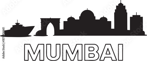 Mumbai city skyline silhouette vector graphic with solid black landmarks and waterfront boat