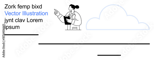 Healthcare, telemedicine, digital records, cloud technology, online consultations, modern medicine. A doctor pointing while holding a clipboard with a stylized cloud icon in the background