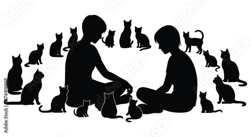 two people sitting with multiple cats in a silhouette high quality professional detailed modern elegant stylish