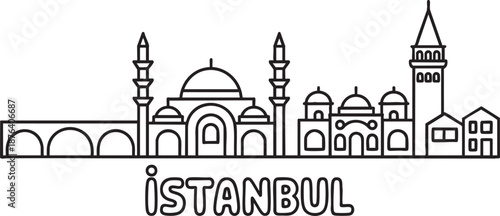 Outline skyline of istanbul with mosque and galata tower for travel and tourism