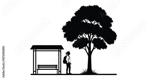 a person stands beside a tree and a bus stop shelter silhouette high quality professional detailed