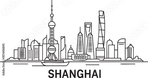 Shanghai skyline cityscape graphic illustration with famous skyscrapers and oriental pearl tower