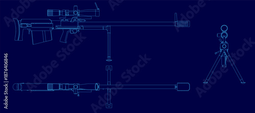 Sniper rifle blueprint with mounted scope and adjustable tripod on a blue background. The detailed contour set highlights the weapon's long barrel and precise aiming mechanism.