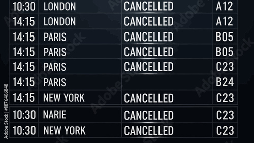 Flights Disrupted: Cancellation Board Displaying Airport Chaos and Travel Delays
