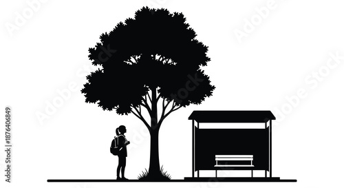 a person standing next to a tree and a bus stop shelter silhouette high quality professional