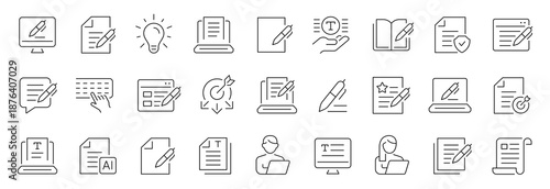 Copywriting and content writing thin line icons set. Editable stroke. Vector