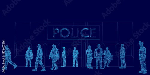A posed line of police officers stands before a blue background with the word Police. The wireframe people are arranged in a uniform and orderly formation.