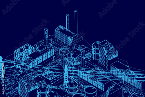 A post-apocalyptic city blueprint on a blue background, featuring the stark contours of abandoned buildings and industrial chimneys. Isometric view