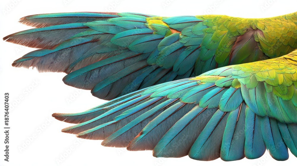 Fototapeta premium Two parrot wing sets arranged at angled poses on a white backdrop