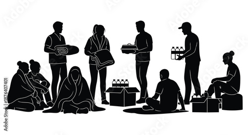 a group of people standing and sitting with boxes and bottles silhouette high quality professional detailed