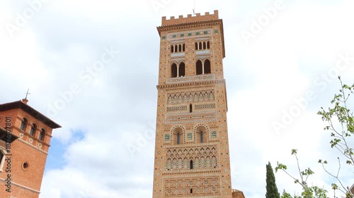 Mudejar Tower of San Martín in Teruel, from seminario square view, down up video