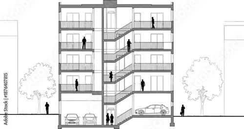 Residential building section drawing, multi-story architecture cutaway, black and white vector, editable design, urban planning illustration