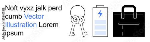 Security, energy, business tools, work essentials, professional lifestyle, mobility. Icons of keys, battery and briefcase. Security and energy highlighted for professional needs