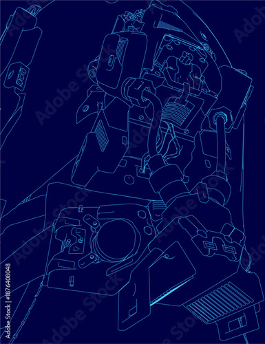 A blue robot cyborg, its detailed mechanical head and humanoid contour highlighted against a dark blue background.