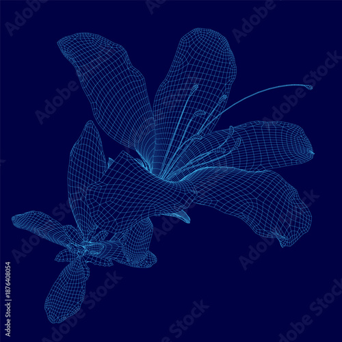 Intricate wireframe rhododendron or azalea flower with detailed petals and leaves stands out against a stark blue background.
