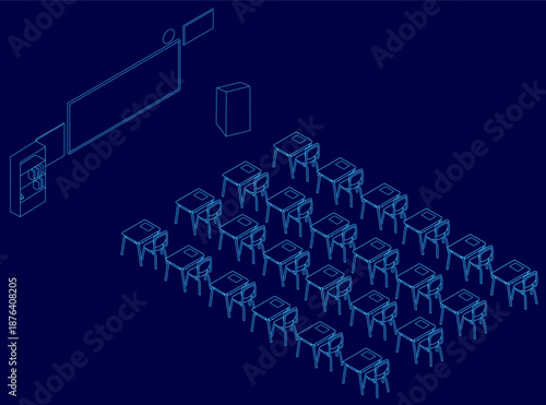 An isometric classroom features neat rows of desks and chairs facing a central whiteboard against a deep blue background. Isometric view