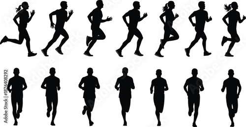 Running silhouette set, front and side views, athletic motion poses, black vector illustration, editable design, isolated fitness icons