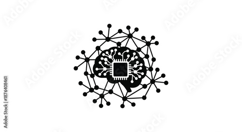a black and white graphic of a microchip surrounded by connected nodes silhouette high quality professional