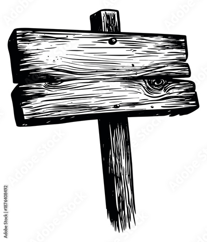 Hand drawn line art illustration of a wooden signpost depicting a blank rustic sign for custom text