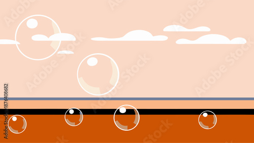 Translucent Bubbles Drifting Over Misty Coastal Horizon