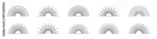 Set of boho half sunrise line icons with various retro, geometric, and radiating line designs