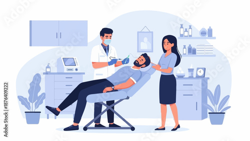 A medical professional examines a patient in a clinic while a nurse watches