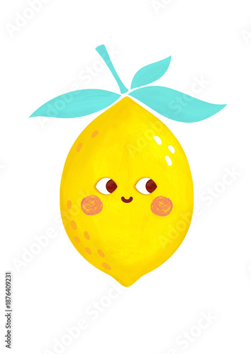 Cute Lemon Character Illustration in Kids Style, Bright Fruit Cartoon. Nursery art