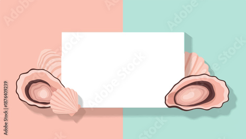 A minimalist composition featuring pink seashells and an open oyster against a divided pink and teal background