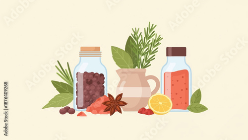 A minimalist flat illustration featuring jars of spices, herbs, and citrus, arranged near a small pitcher