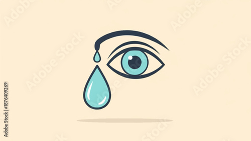 A minimalist illustration depicts a blue and dark blue eye with a tear falling