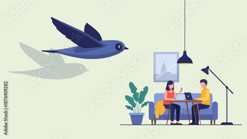 A minimalist illustration of a blue bird in flight and a couple working indoors