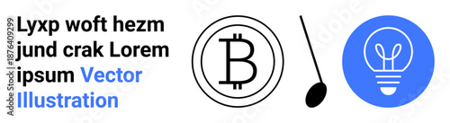 Cryptocurrency, innovation, bright ideas, technology, financial concepts, digital currency. Bitcoin symbol, spoon and lightbulb illustration. Cryptocurrency and innovation concepts