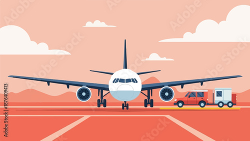 A modern jetliner rests on a tarmac next to a service vehicle, under a soft, hazy sky