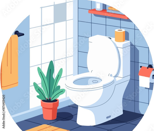 A modern bathroom featuring a toilet, potted plant, and towel rack