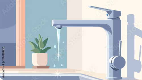 A modern kitchen faucet with running water and a potted plant, against a pastel background