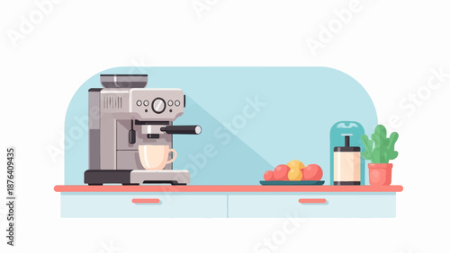 A modern kitchen counter features an espresso machine, fruit, and a potted plant