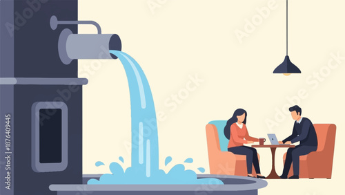 A modern, minimalist illustration showing water flowing from a pipe into a basin near people working