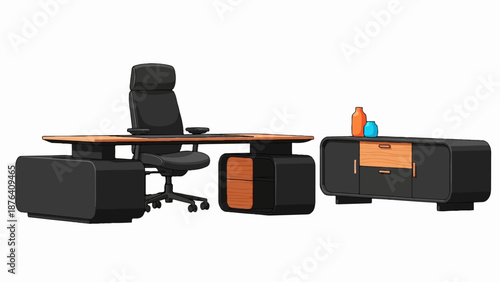 A modern office set featuring a large wooden-top desk with a black executive chair