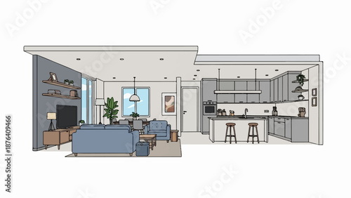 A modern open-plan living space with a cozy lounge and sleek kitchen area