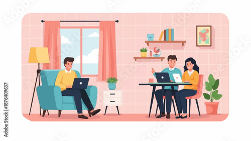 A man and a couple work remotely on laptops in a cozy, pastel-colored room
