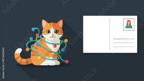 A cute ginger cat tangled in colorful holiday lights sits next to a blank postcard