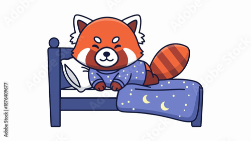 A cute red panda in pajamas sleeps soundly in a cozy bed with moon and star patterned blankets