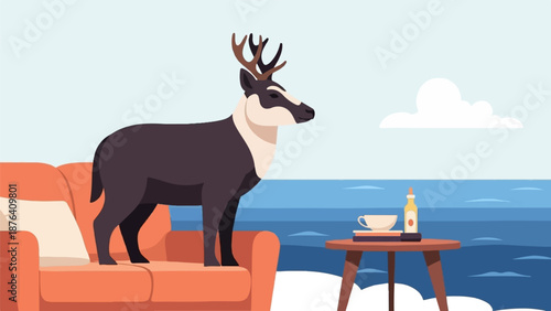 A deer stands on an orange couch next to a table with a drink and books, with ocean and sky in the background