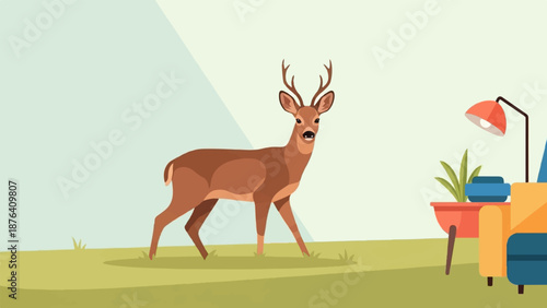 A deer walks by a living room with a lamp and a plant