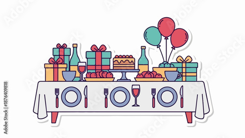 A festive table setting with gifts, cake, fruits, drinks, and balloons for a celebration