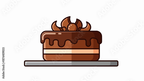 A delicious layered chocolate cake with rich frosting, a cherry, and decorative swirls on a platter