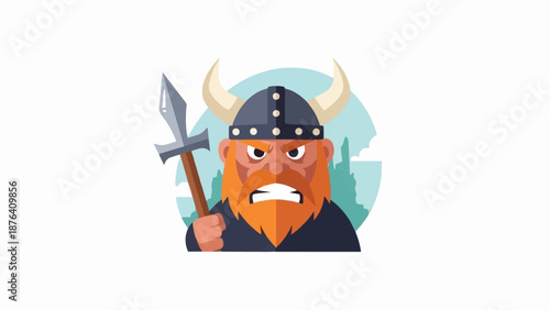 A fierce, red-bearded warrior in a horned helmet, wielding a spear