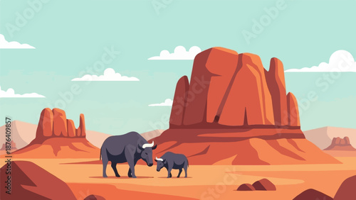 A desert landscape with two bison in the foreground before sandstone mesas